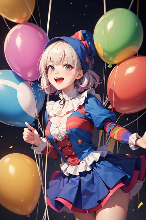 Please draw what you like.8k,balloon🎈,circus,masterpiece,8k,best-quality,pierrot,colorful,Jester's Sonnet,laugh for me,For You,laugh for me,for you,Because at what time will the day come when we can really laugh and talk,clown, CIRCUS,sci-fi, 