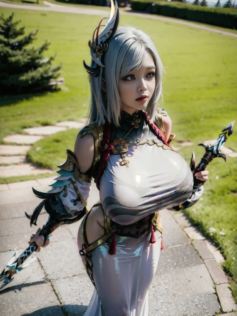 goddess and silver metal flowers in temple, full body shot,giga_busty