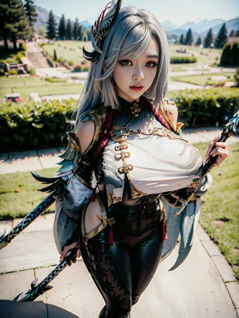 (Best quality, 8k, 32k, Masterpiece, UHD:1.2),fantasy,cute girl,japanese,Warrior Cosplay,Exposed bikini Armor,smile,thigh,bare navel,full body shot,fishnet stocking,full body shot
