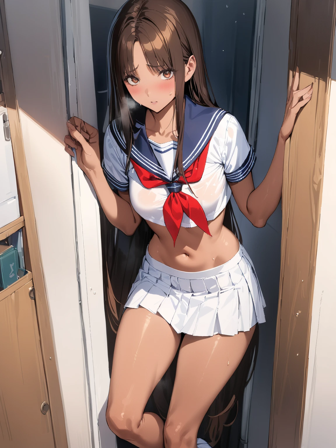 (highest quality:1.4)、High resolution、Detailed Background、(Detailed beautiful face:1.4)、Anatomically correct、(Depict the normal number of fingers:1.2)、(Detailed facial expressions)、Realistic、Beautiful fingers、Beautiful, smooth skin、age beauty、(Huge breasts:1.3)、Perfect body line、Attractive thighs、brown hair、Black Hair、cute hair color、ponytail、Long Hair、Show off your attractive armpits、I'm a little excited、Cowboy Shot、
A short white sailor shirt made of sheer material、White sailor collar、Pleated mini skirt、
White knee-high socks、White knee socks、Sexy panties、String Panties、No bra、No sleeve、Accentuate your breasts、(Underboob:1.3)、With legs apart、Panty Shot、cute、
(From below looking up at a beautiful girl squatting on the toilet:1.5)、
Squat down、Crouched down close-up angle、In the toilet、
(close-up underwear From below), From below, Are standing, Ass Focus、looking at me with cold eyes、sexual expression、Underbust、Panty shot、Panty shot、
Attractive big buttocks、Camel Toe、cute、cameltoe