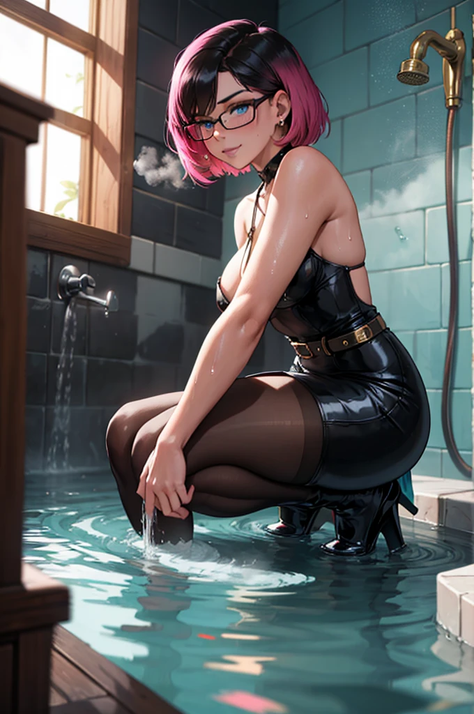 最high quality, high quality, High resolution, Beautiful woman, High detail, Good lighting, Obscene, transformation, (((Tight mini skirt))), (((Thigh-high boots))), Black Leather Gloves, Bare thighs, Bare arms, (((Incontinent))), (((Peeing))), (((Peeing on your own))), (Pee running down my legs), Pee stains, (puddle), (Best Beautiful Legs), Nice long legs, lipstick, Detailed face, Pretty face, Embarrassed and blushing face, Humiliated, ((In a wide alley)), Heherz、Garter belt and knee-high stockings、Short Bob、Silver Hair、Clear urine Shaved