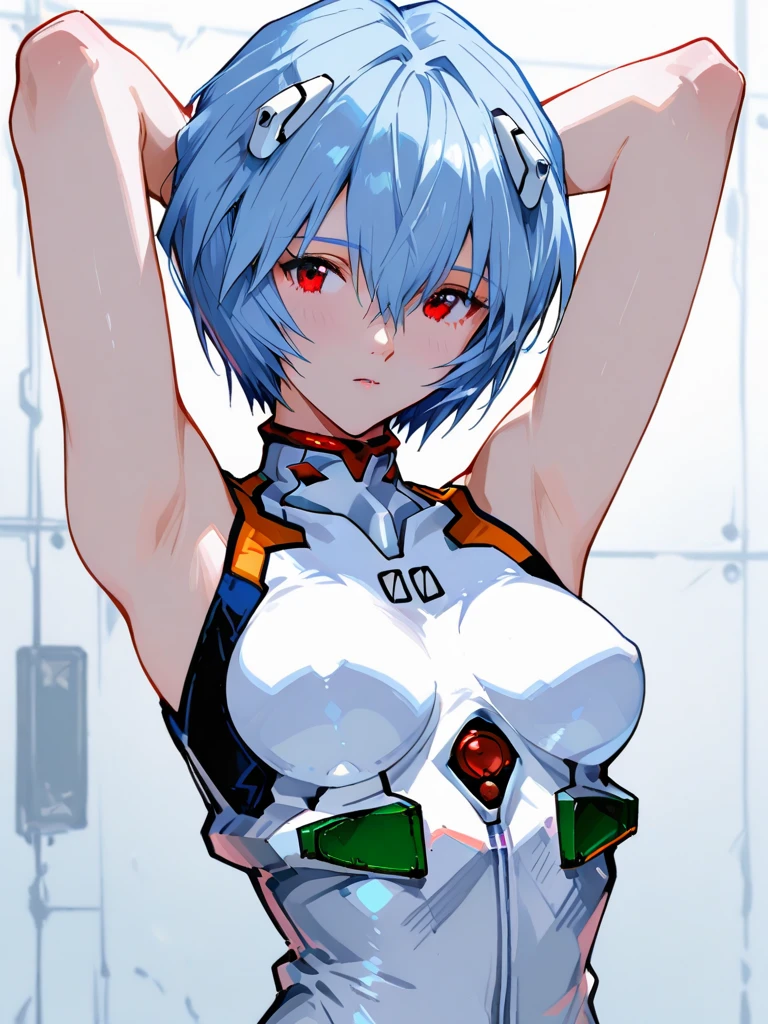 by roitz, ayanami rei, 1girl, solo, plugsuit, red eyes, blue hair, short hair, red background, white bodysuit, holding, looking at viewer, bodysuit, upper body, breasts, hair between eyes, bangs, holding weapon, closed mouth