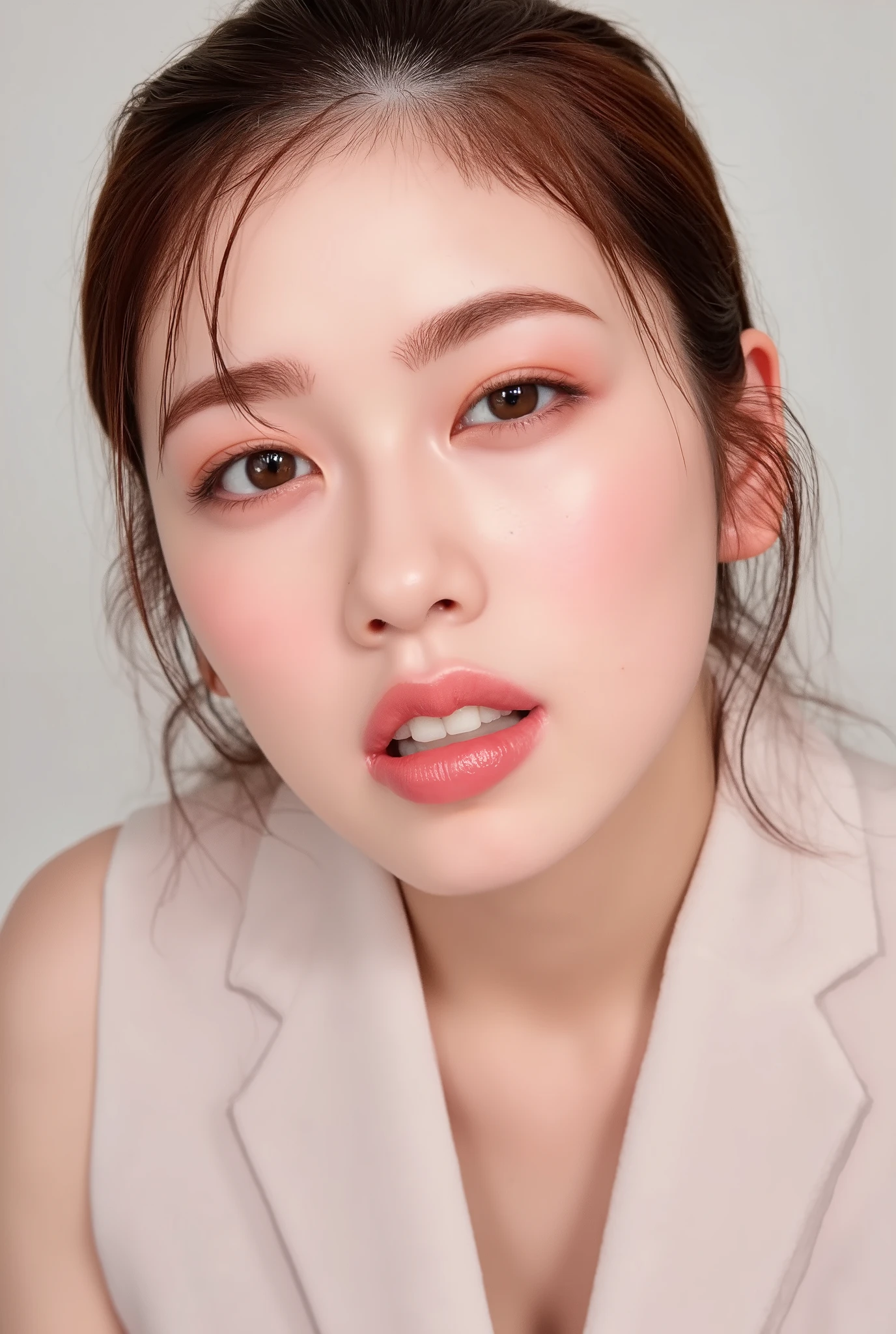 (masterpiece,ultra detailed,Highest quality:1.2),(Perfect beautiful face 1.2),(Perfect and beautiful posture:1.2)(open mouth),(white saliva in open mouth), ((close eyes:0.7)), ((saliva in open mouth:1.2)), Chubby,detailed young skin,(face focus,close up:0.5), Real textured skin, camisole