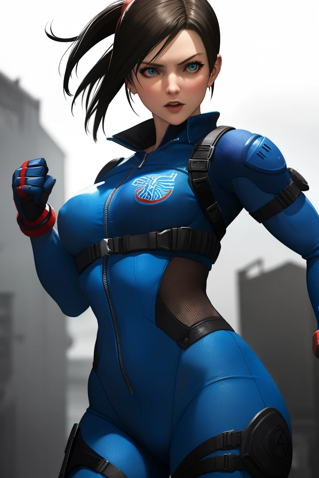 Digital illustration of a female Samus Aran
Franquia “Metroid” White character with muscular build, wearing a tight latex jumpsuit. She has long black hair with two braids and latex gloves. His facial expression is serious, with blue eyes and a determined look. The character's skin is light and she has red latex paint on her legs. The illustration is highly detailed, focusing on the character's strong physique and intense expression. anime, anatomically correct, super detail, high quality, 4K