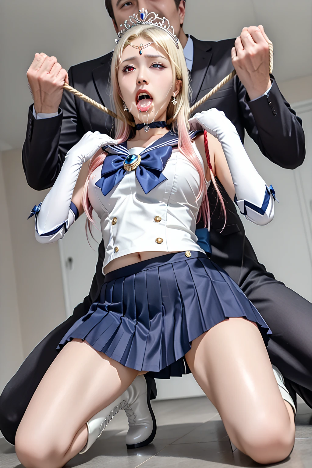 nsfw,((1man with 1woman,Having sex)),Riding on top of a naked man,Showing off her nipples,alexia_was,Alexia Midgar,student clothes,White pleated skirt,White skirt,Beautiful breasts,Evil smile,White thighs,masutepiece,Top image quality,Best Quality