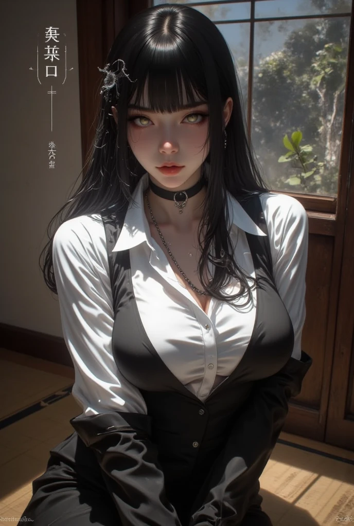 Detailed facial details,1 girl,16 years old,Slim,Red lips,Cat ear,Black long hair,Large Breasts,Wearing a white shirt,Charming red eye,Handcuffs,collar,Radiant Skin,