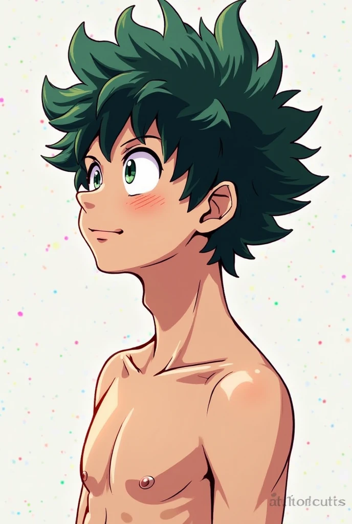 BNHA, My Hero Academia, anime, tanned skin boy, Brown eyes, black hair, Curly and wild hairstyle with a ponytail, in the hot springs, smiling, blushing, anime style image.