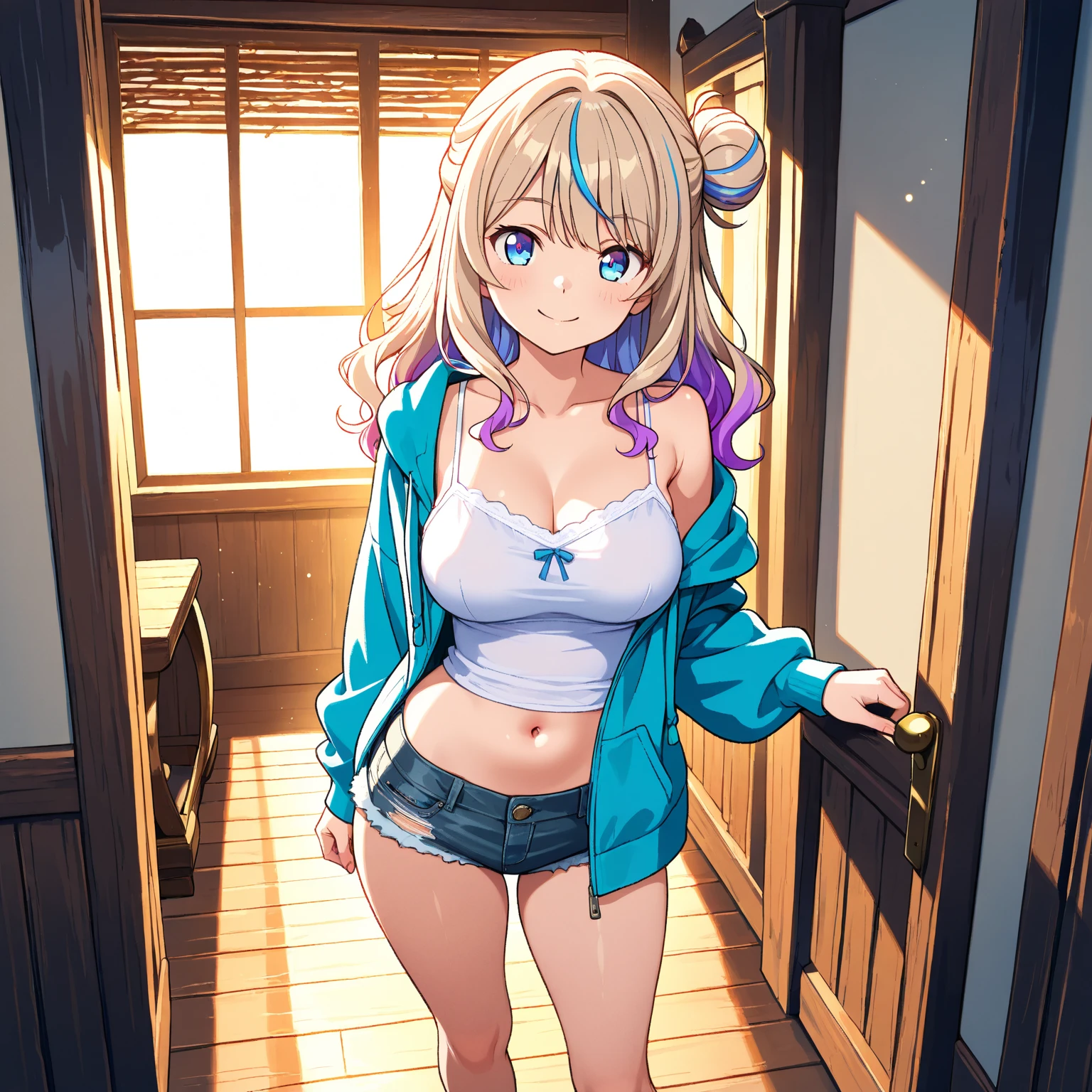 girl,(masterpiece,Highest quality),Street,(Completely naked),Bare shoulders、Gal、Blonde、smile、Big Breasts,ponytail、(Underboob),Cleavage,Torn(Mini Camisole)、looking at the camera、shoes、Damage shorts,(Tattered)Micro Mini Denim Shorts,TornMicro Mini Denim Shorts,solo、upright,Are standing、barefoot,