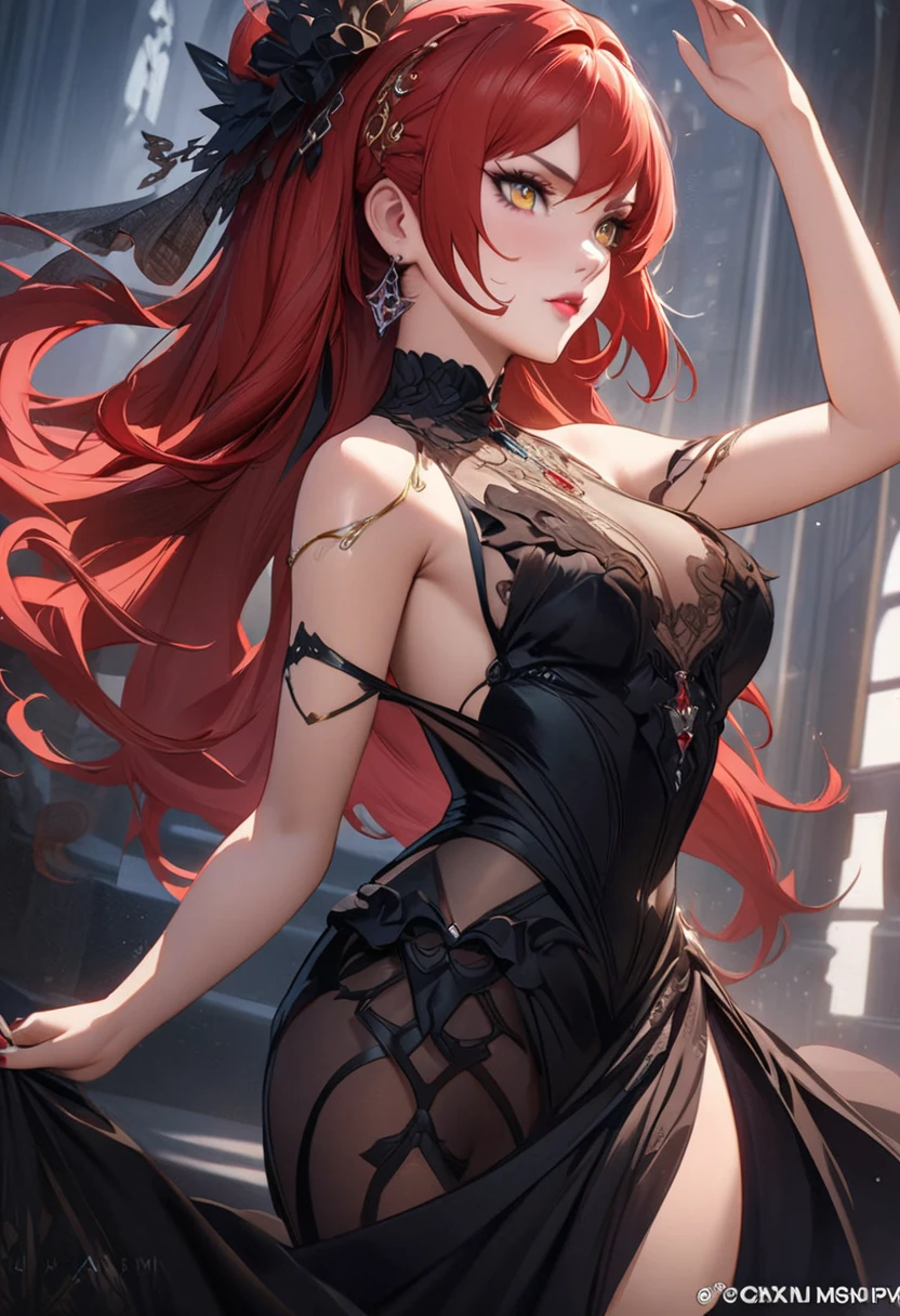 highest quality, ultra high resolution, super detailed, gorgeous, masterpiece, best quality, high resolution finely detailed, extremely beautiful, distinct image, glistening caramel brown skin, piercing golden eyes, curly fiery red hair, slender alluring older woman, 40 years old, elegant long empress dress, (((MILF))), 1 woman, solo, sharp facial features, empress like aura and majesty, symmetrical shaped face, fiery red lips, medium height(174cm), slender and thick, toned body type, Gothic modern city setting