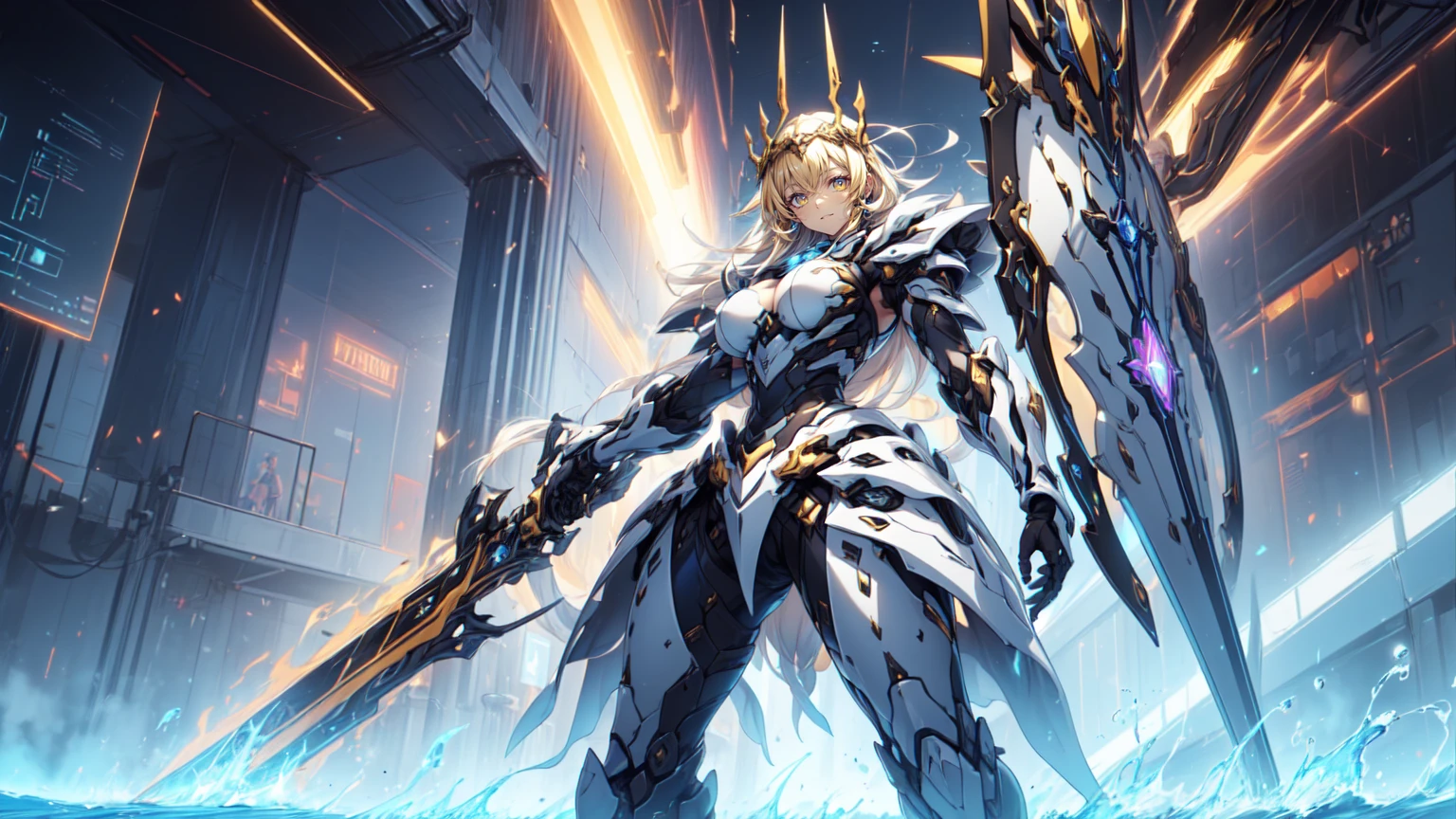score_9_up, score_8_up, score_7_up, source_anime,masterpiece, best quality, high resolution, extremely detailed CG, absurdres, highres, 1girl, solo, a mecha girl in golden armor with glowing mecha_wings fights at battlefield, ((body surrounded by yellow Battle Aura and lighting)), wings of light, long hair, white_hair, glaring, cleavage, thighs, off-shoulder, (((Shining Armor, glittering Armor))),((mecha wings)), headgear, flying, blue sky, full body, from below, Futuristic, ((aura,Battle Aura, lighting),good_hands