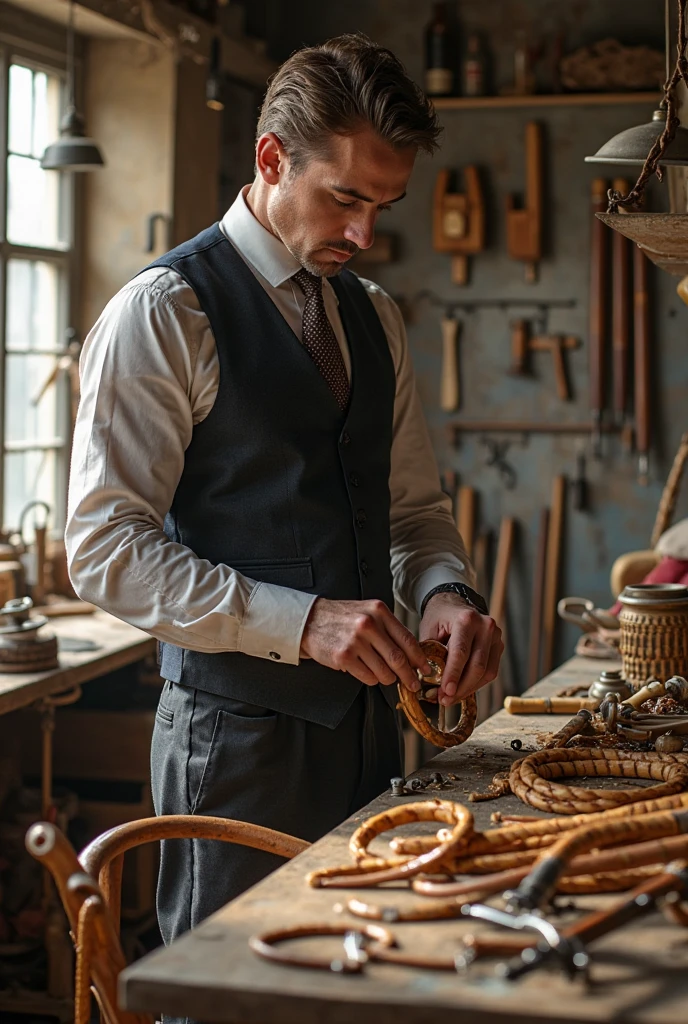 forty year old man with a mustache, wears vintage clothes and a vintage brown beret, He holds sharp knives in his hands, is rebuilding a broken female mannequin.