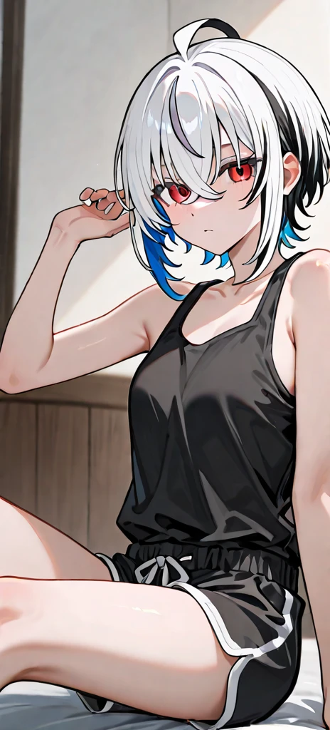 Best Quality, (Masterpiece:1.2), High Detailed, Cat Ears, 1girl, solo, tojo koneko, red eyes, white hair, short hair, hair decoration, black neckband, erotica, sleeveless, healthy skin, (indoors),((( cum, cum on face, after sex)) , ((cropped tank top, short skirt)))