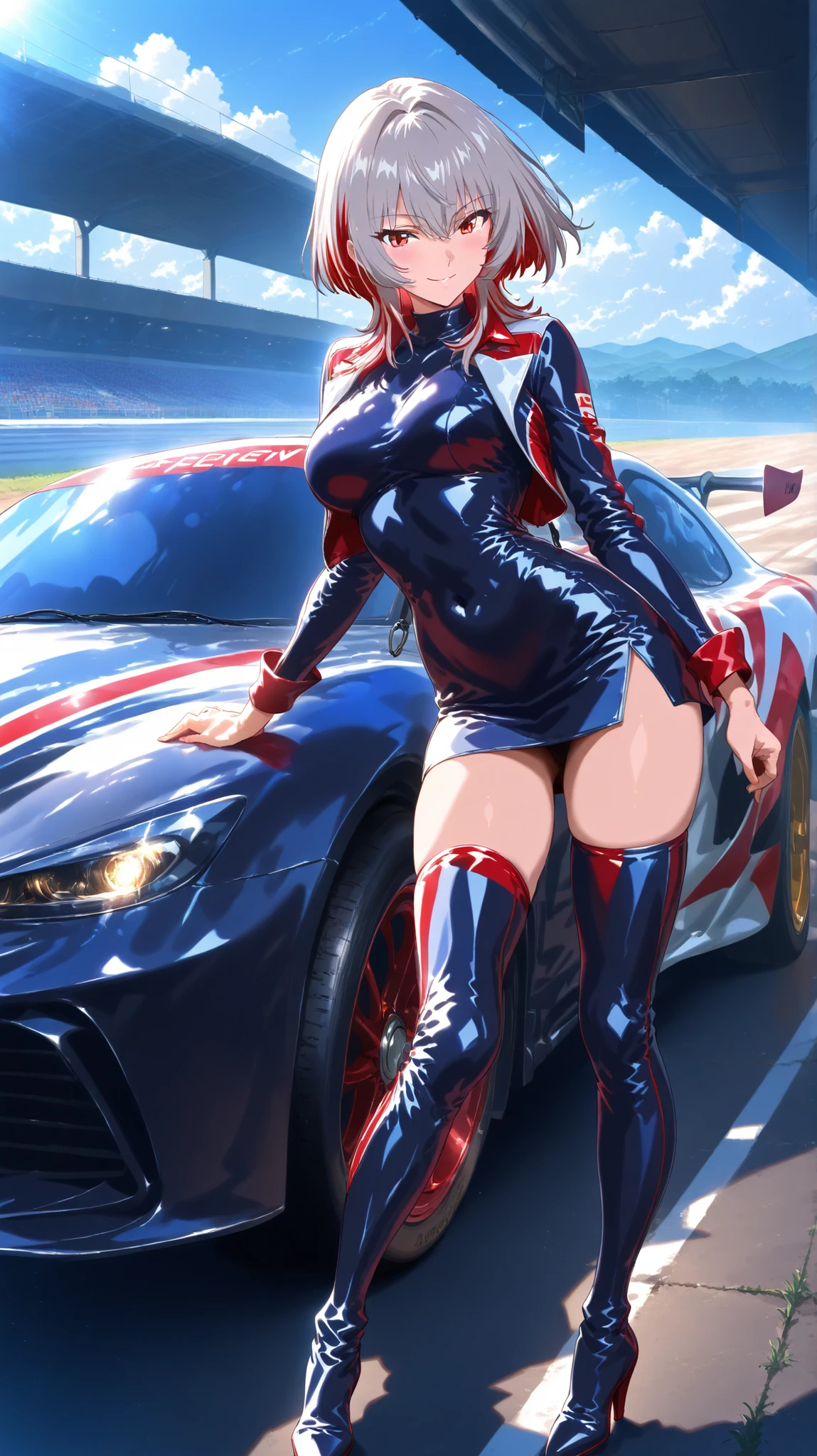 highest quality、All limbs、full finger、((one beautiful woman))、Beautiful busty woman、straight hair woman、Woman with red hair、big smile、Race Queen Costume、((A woman wearing a red leotard with a logo))、Exposing the belly、Red Arm Cover、A woman wearing long red boots、Formula 1、F1 Racing、racing car、、hands on hips