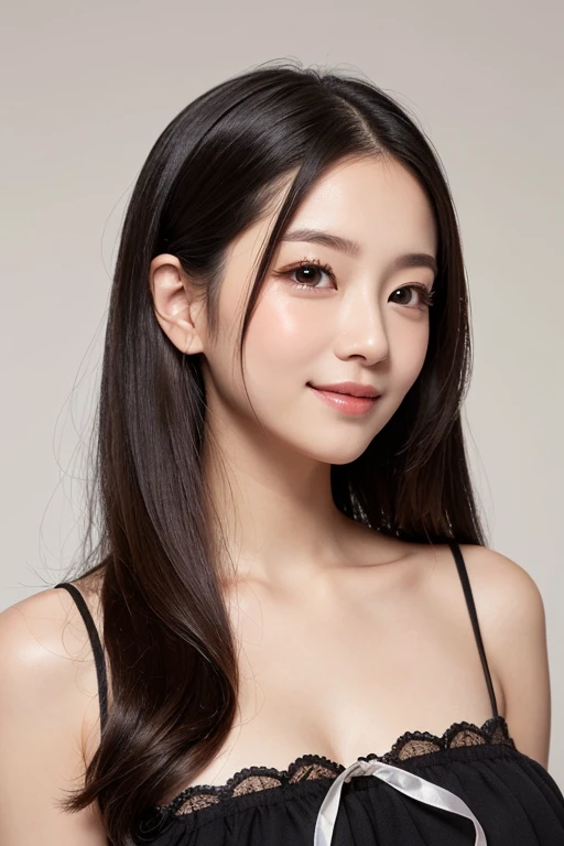(8K, Raw foto, Top Quality, Masterpiece: 1.4), (realisitic, Photorealistic: 1.4), 1 Girl, Japan, girls, natta, natural lighting, photons mapping, indoor, Double eyelid, high resolucion, natural high-definition skin, long eyeslashes, natural high definition eyes, high definition teeth, 25 Years Old, Professional Lighting, intriciate detail, Middle breasts, blured background, Revealed divisions, Black clothe, Smile,