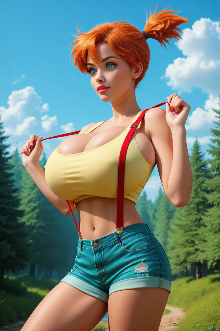 Obra maestra, Mejor calidad, high resolution, 1 chica, brumoso (Pokémon), pelo naranja, solo, Bermudas, tirantes, cola de caballo lateral, pelo naranja, Diafragma, yellow top corto, ombligo, cabello corto, denim, denim Bermudas, (((pechos enormes))),((escuela1.9)), parte superior del cuerpo, debajo del pecho, brumoso, Obra maestra, high resolution, Mejor calidad, ultra detallado, adulto, maduro, perfect lighting, femenino, 1 chica, sonrisa, top corto, tirantes, animescreencap