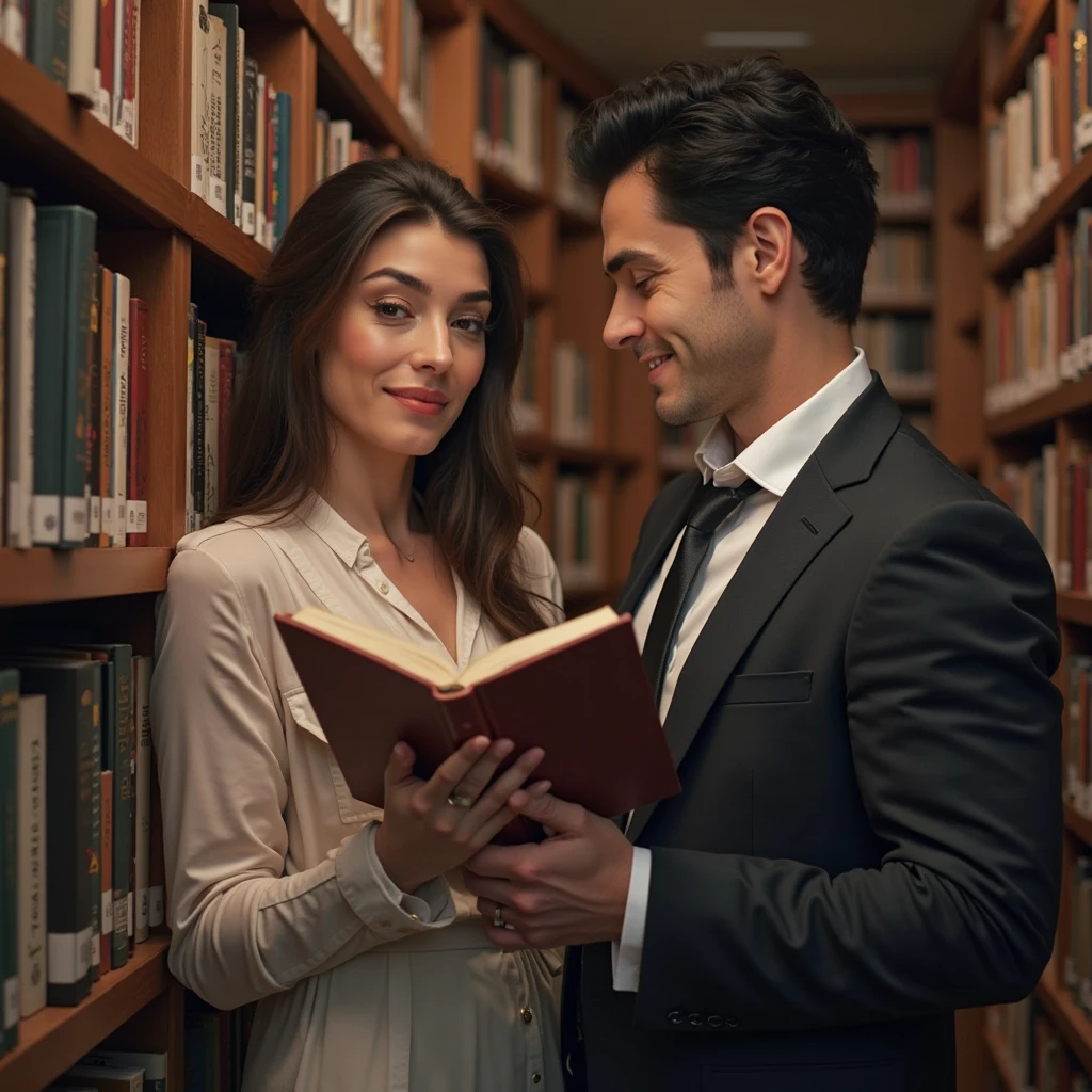 Andrés and Carolina reading books in the library