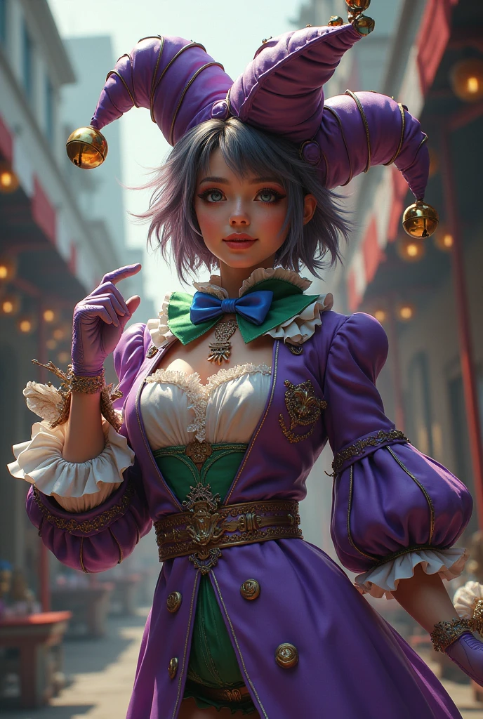 A clown, juggling, jumping, circus, arena, detailed background, wearing (short white shirt), (black pleated mini skirt with suspenders), (fishnet stockings), (clown shoes), extremely detailed illustration, (work -prime: 1.2 ), (8K, best quality: 1.2), 8K paper wallpaper, HDR, octane rendering, (messy hair, shiny black hair: 1.4), (detailed glowing green eyes: 1.2), (red lips, smile, teeth), (perfectly proportioned face, sharp details), (contoured skin shape, perfect composition, correct and smooth texture, high details), cinematic lighting, vivid colors, (high resolution: 1, 2) , (ultra-detailed), Depth of field.