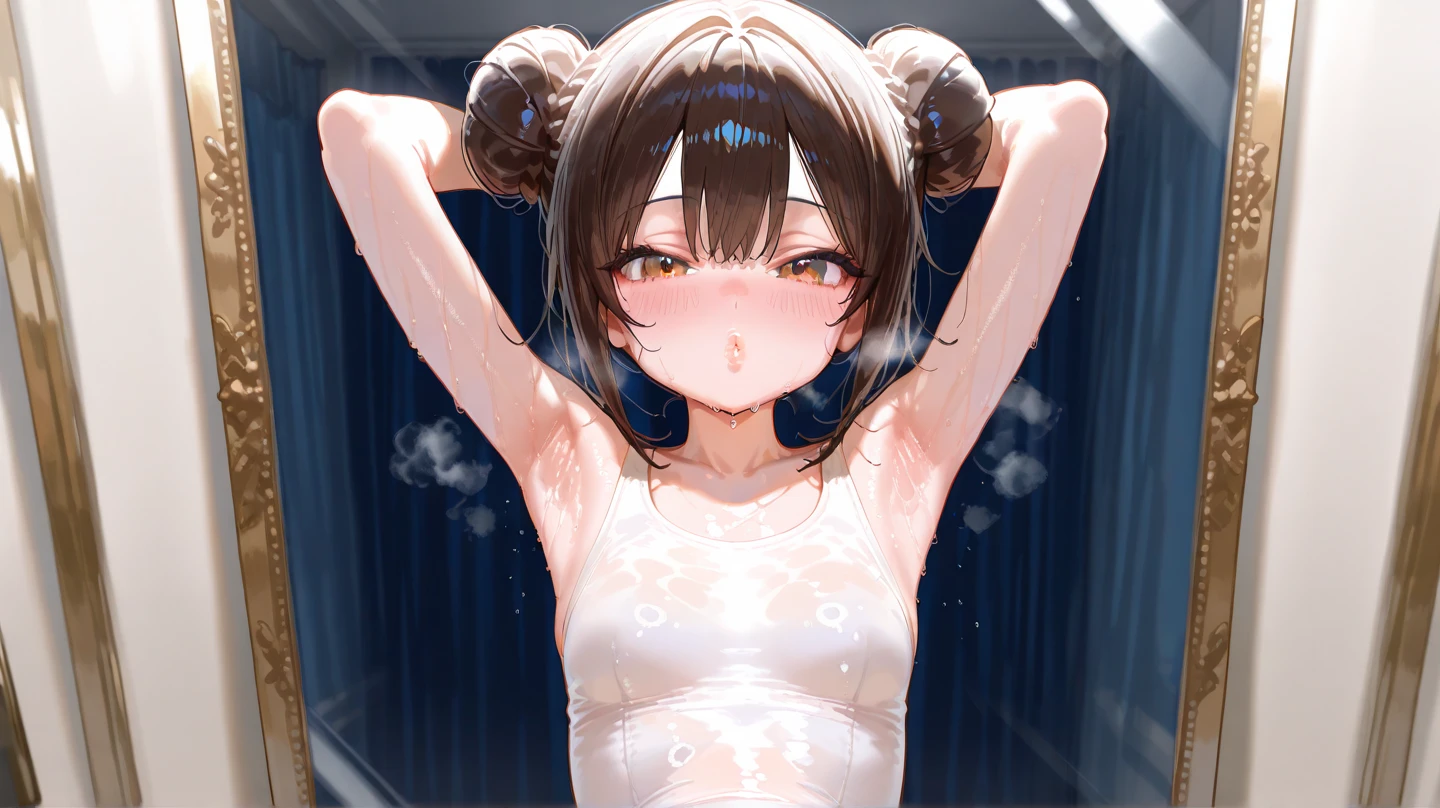 (((Masterpiece))), (((Best Quality))),Ultra High Resolution, Caustics, Detailed, (Beautiful Detailed Face and Eyes), solo, (athletics stadium, track and field athlete,in front of the audience、outdoors),cowboy shot,20 year old beauty、((nsfw,BDSM,shibari:1.3,shibari over clothes,hemp rope),(separate,white sports bikini,show off belly)),small head,slender body, ideal ratio body proportions,thin lower body、oily skin, gleaming skin,sweat:1.3,medium breasts,brown eyes, (ponytail),medium hair,brown hair,crying,steam,heavy breathing,legs,on back,spread legs:1.5, arms up,,((cum in vagina,creampie,excessive cum:1.3)),