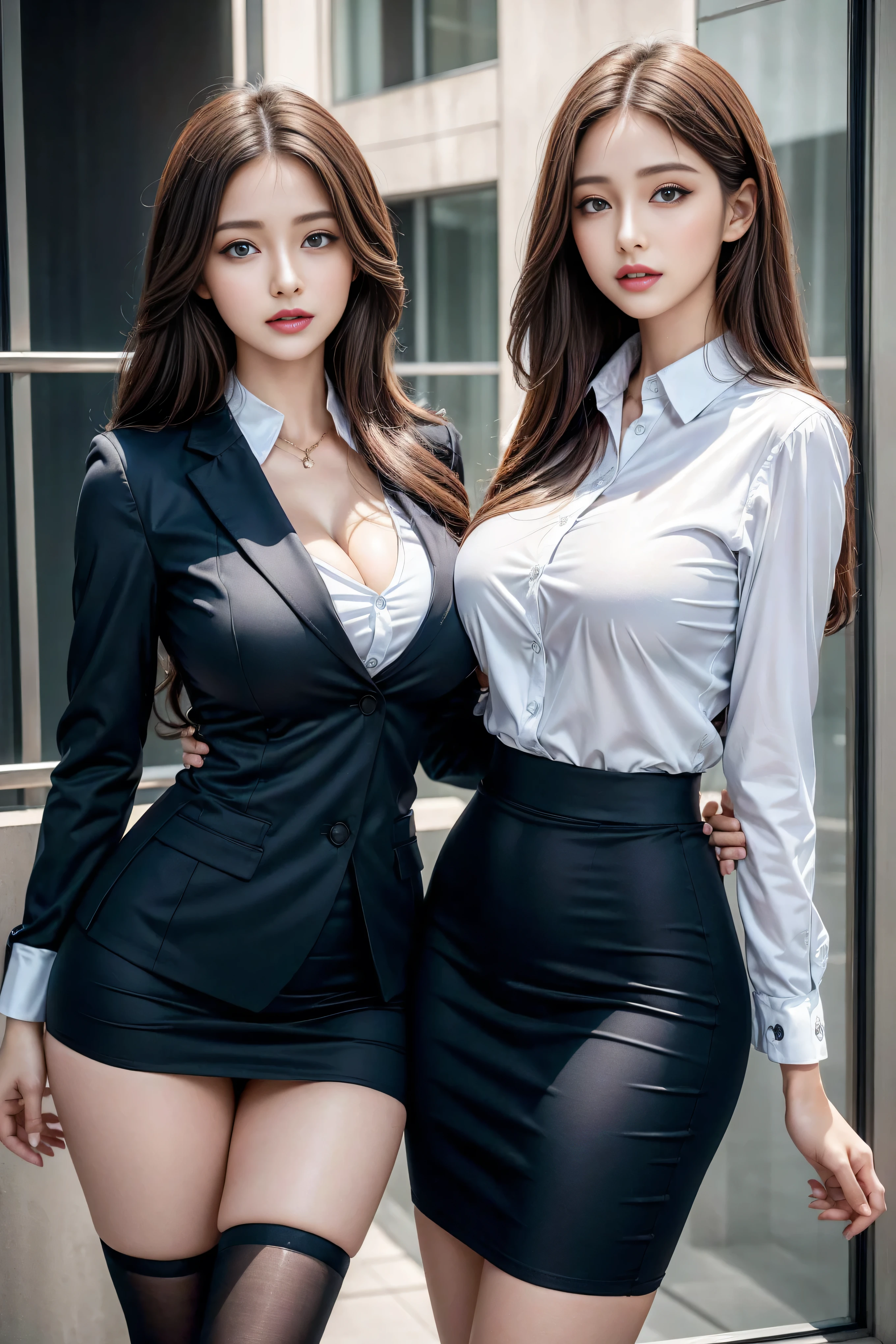 (2 girls), beautiful, Stunning face and eyes, Brown curly hair,cosmetic, (Extremely detailed beautiful face), (The sexiest look), (beautiful big breasts:1.1), (best quality:1.4), (Very detailed), (Extremely detailed CG unified 8k wallpaper), Very detailed, original photo, Professional photography, ((Business suit)), (tight skirt), (Open collar business shirt),in office,Large depth of field、