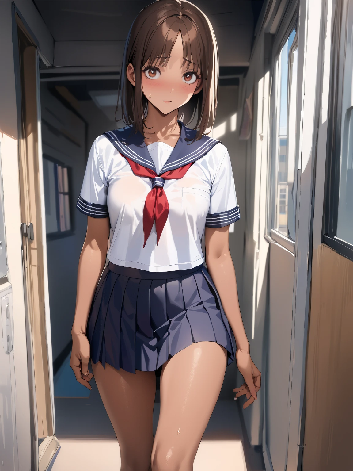 ((masterpiece)), (HQ), (4K), (high detailed), (((best quality))), (detailed face), (beautiful, cute, pretty girl), (18yo teen girl), ((high ponytail)), ((small medium breasts)), (((topless))), (blushing:1.5), (bare stomach), (bare shoulders), (bare neck), (bare arms), (bare chest), ((((dark blue pleated skirt)))), (skinny waist), (skinny thighs), (principal's office), (brown hair), (freckles on face), (bending over), (view from below), (((legs together))), (((arms crossed)))