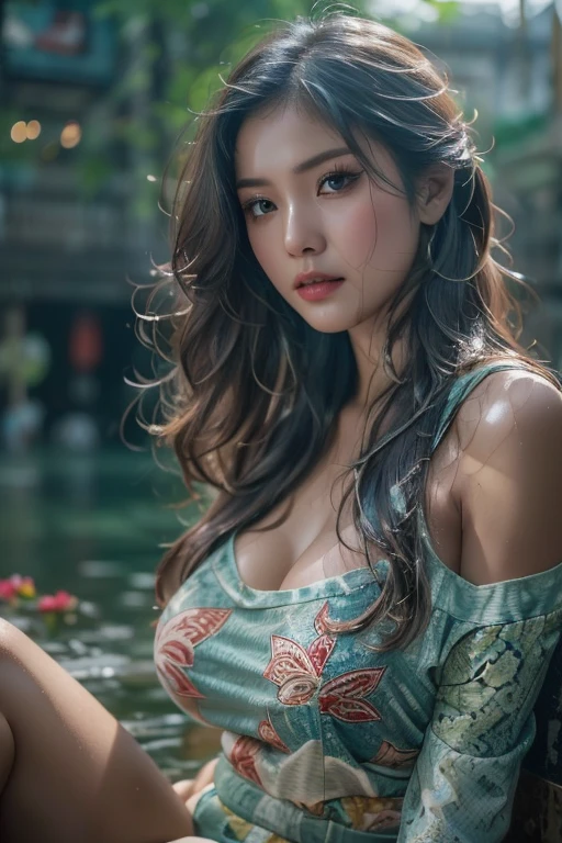 Best quality, masterpiece, Beautiful, young latina woman, looking straight at viewer, wearing simple red floral gown, sitting on chair, professionalism, teen age, detailed face, detailed body, symmetric face, big cute eyes, cute face, dynamic pose, tattooed hands, deep cleavage, perfect anatomy, photorealistic, curvy body, black bun hair, 8k, ultra realistic, foggy garden background, rainfall, rainy weather, wide desktop wallpaper, ambient occlusion