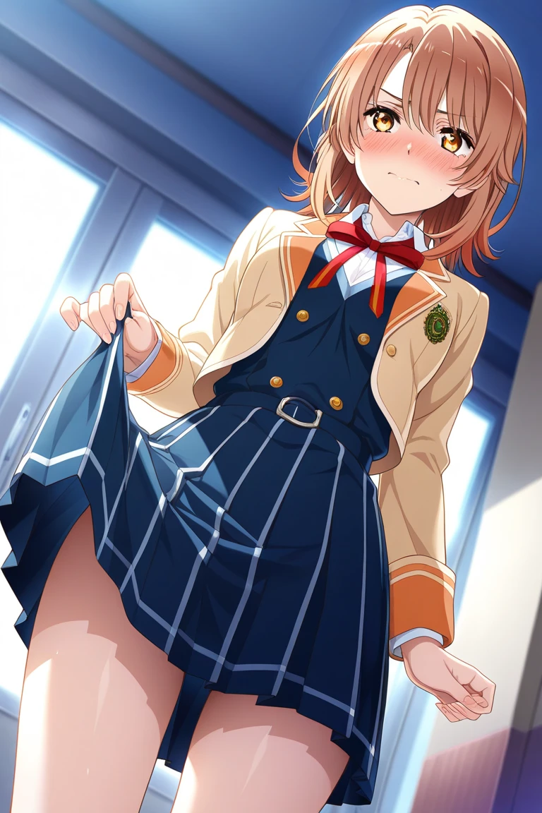 score_9, score_8_up, score_7_up, source_anime BREAK 1girl, solo, lovelive_honoka, cowboy shot, , black blazer, panties, no_pants, pink_panties, underwear, one side up, yellow hair bow, red bowtie, medium hair, brown hair, blue eyes, looking at you, smile, open mouth, simple background,