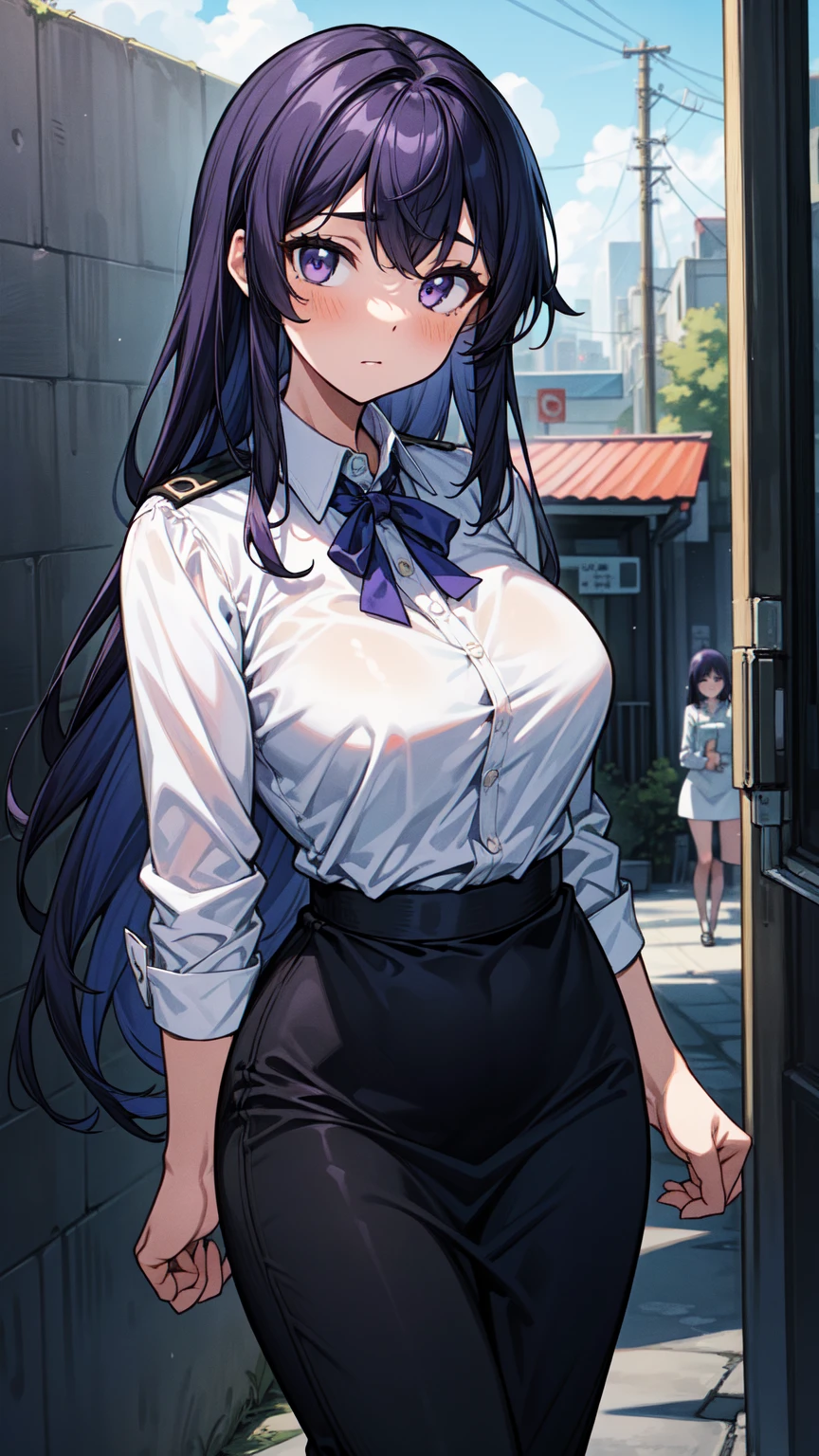 Komi Shouko wearing a jewelry, earrings, piercing, school uniform, white shirt, tied shirt, black choker, blue necktie, plaid skirt, purple hair, ponytail hair, purple eyes, smiling, big breasts, near a well-detailed black car, on a track in a large city at night, perfect lighting,HDR, ultra resolution , very detailed, masterpiece, ultra quality, 4K HD.