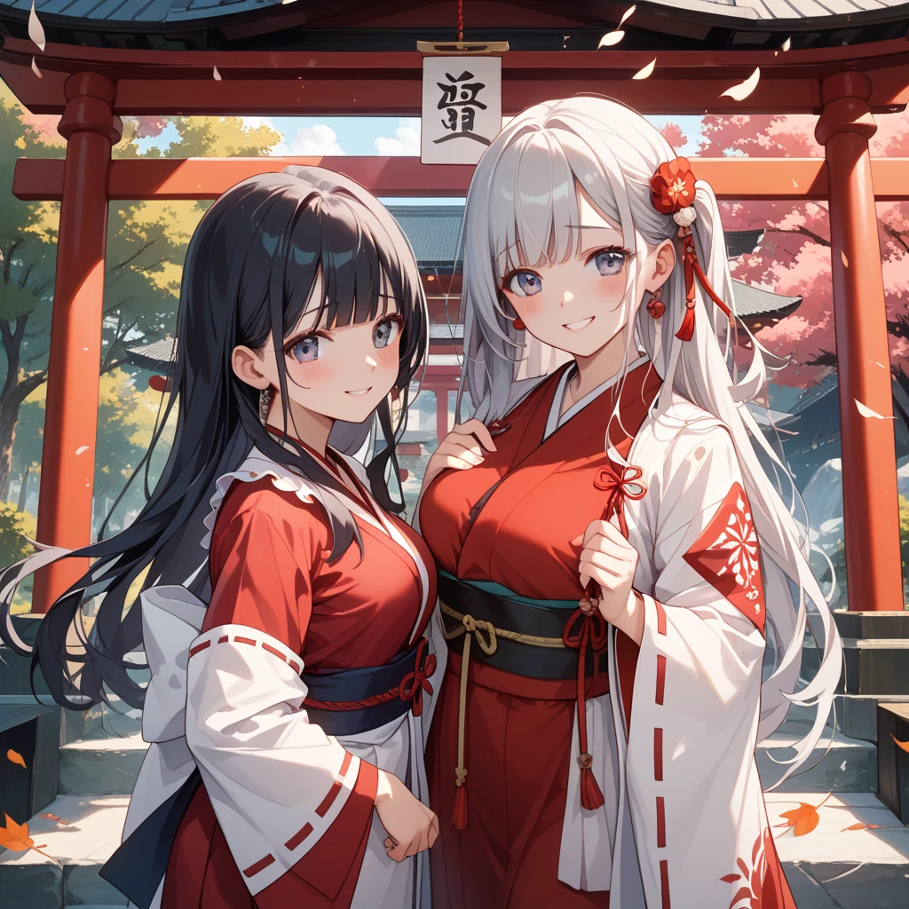 Best Quality、masutepiece、(shrine maiden、japanes、Beautuful Women、25-years old、Beautuful Women:1.5、cute mature :2、spotless、D-cups)、hydrangea、(ssmile、slightly red cheeks)
(1st woman has blue eyes) (2nd woman has red eyes)
(woman 1 has long white hair)
(woman 2 has long black hair)