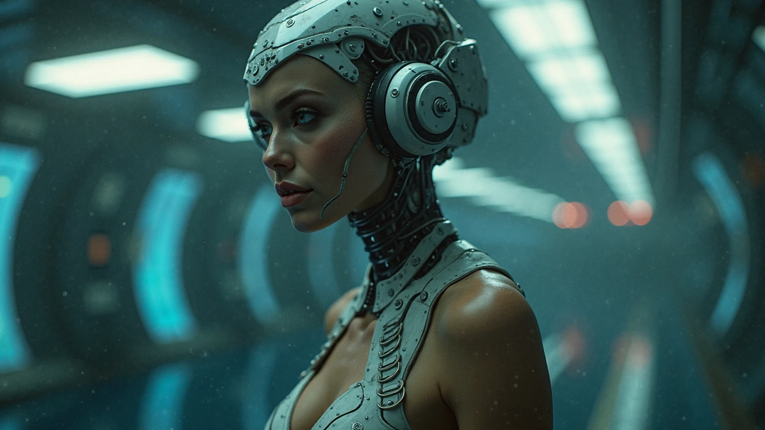 a close up of a woman in a dress standing in front of a wall, sci-fi magic highly detailed, inspired by Nikola Avramov, symmetrical artwork. cinematic, by Władysław Podkowiński, highly detailed cybernetic body, concrete ), by Nikola Avramov, anamorphic, ukrainian girl, machine elves --ar 16:9 --auto --s2