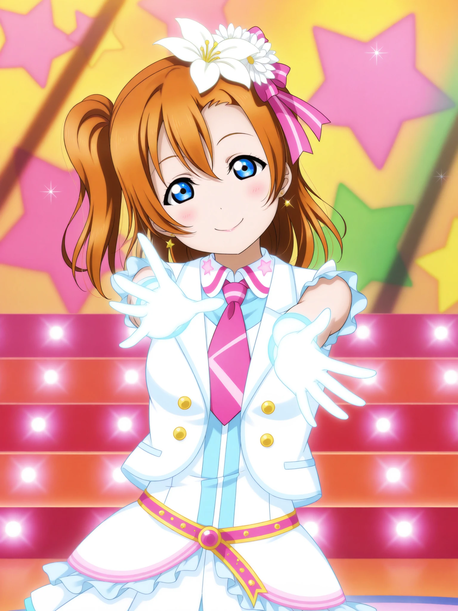 score_9, score_8_superior, score_7_superior, score_6_superior, sauce_anime, One person, Honoka Kousaka, lovelive!, score_9, score_8_superior, score_7_superior, score_6_superior, sauce_anime, blue eyes, Orange Hair, Medium chest, Side Ponytail, Medium Hair, Idol, dancing, noon, μs Costume, stage, Outdoor, sunlight, Idolコスチューム, White panties, Frilled Panties, Panty shot, alone, Skirt that flips up big, smile