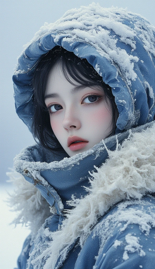 a beautiful woman completely protected from the cold, The background is a silver world, Very pretty face , clear eyes, Partially colored watercolor painting, close up , Decorative Art, Minimalist, Log in, ultra-high definition, Retina, masterpiece, Accurate, anatomically correct, super detailed, high detail, high quality, Award-Winning , best quality, high resolution, 16K