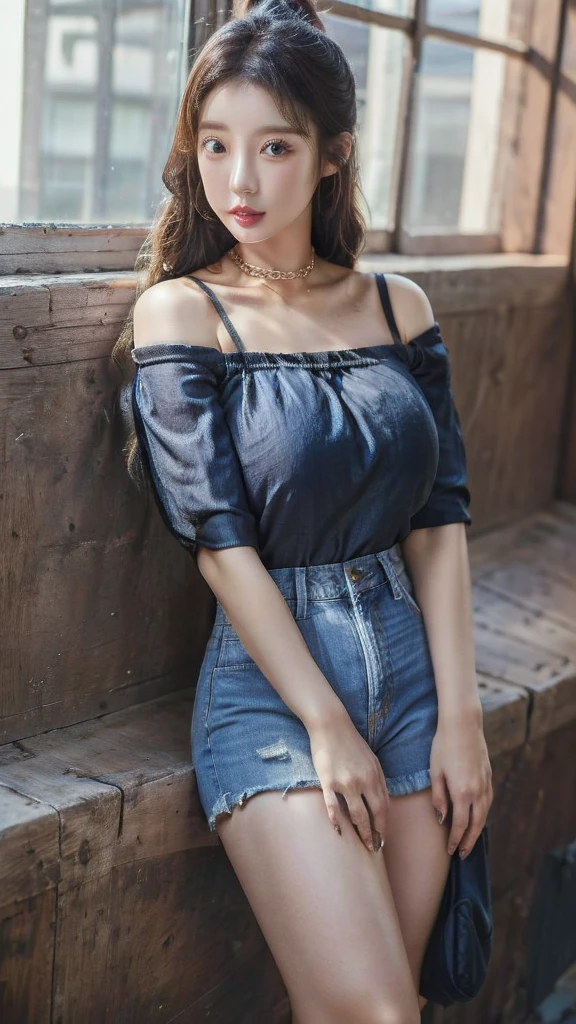 Beautiful 18 year old brunette girl wearing one shoulder top and high waisted denim shorts with belt showing her T shaped belly button with her thick legs