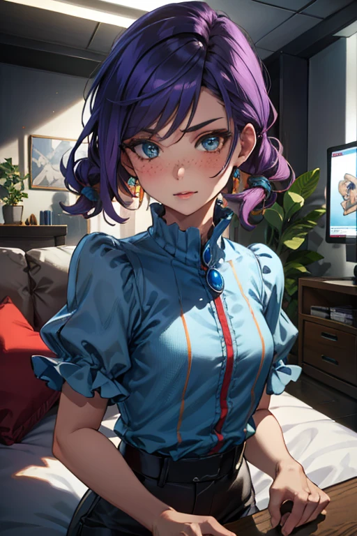 Masterpiece, highres, high Quality, detailed face, detailed body render, 1girl, solo, hyuuga hinata, hinata-sleeveless-outfit, large breasts, big breast, sleeveless shirt, fishnet top, dark lips, unzipped jacket, no bra, breasts out, standing, blushes, (on bedroom)