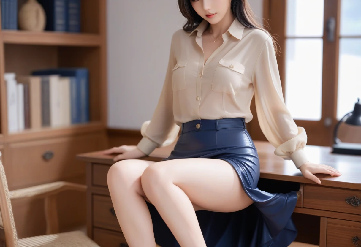 (mesa, of the highest quality, High resolution, , pixel perfect, 4k,), 1 girl, single, alone, beautiful woman、I could see the whole body、 ((Medium Length Wavy Hair, hits, Brown hair)), ((Brown eyes, Beautiful eyelashes, realist eyes)), ((detailed face, blush:1.2)), ((Smooth texture:0.75, realist texture:0.65, realist:1.1, cg anime style)), medium breasts, dynamic angle, perfect body, ((, teacher, , earrings、collar、Sleeveless turtleneck sweater black knee-length stockings、((open both legs wide、open both knees))、tight denim skirt、shy smile、Sitting in the pulpit、emphasize the chest)), superior grade、、、evening、、(You can see the red lace panties.、、(、)、angle from below)、