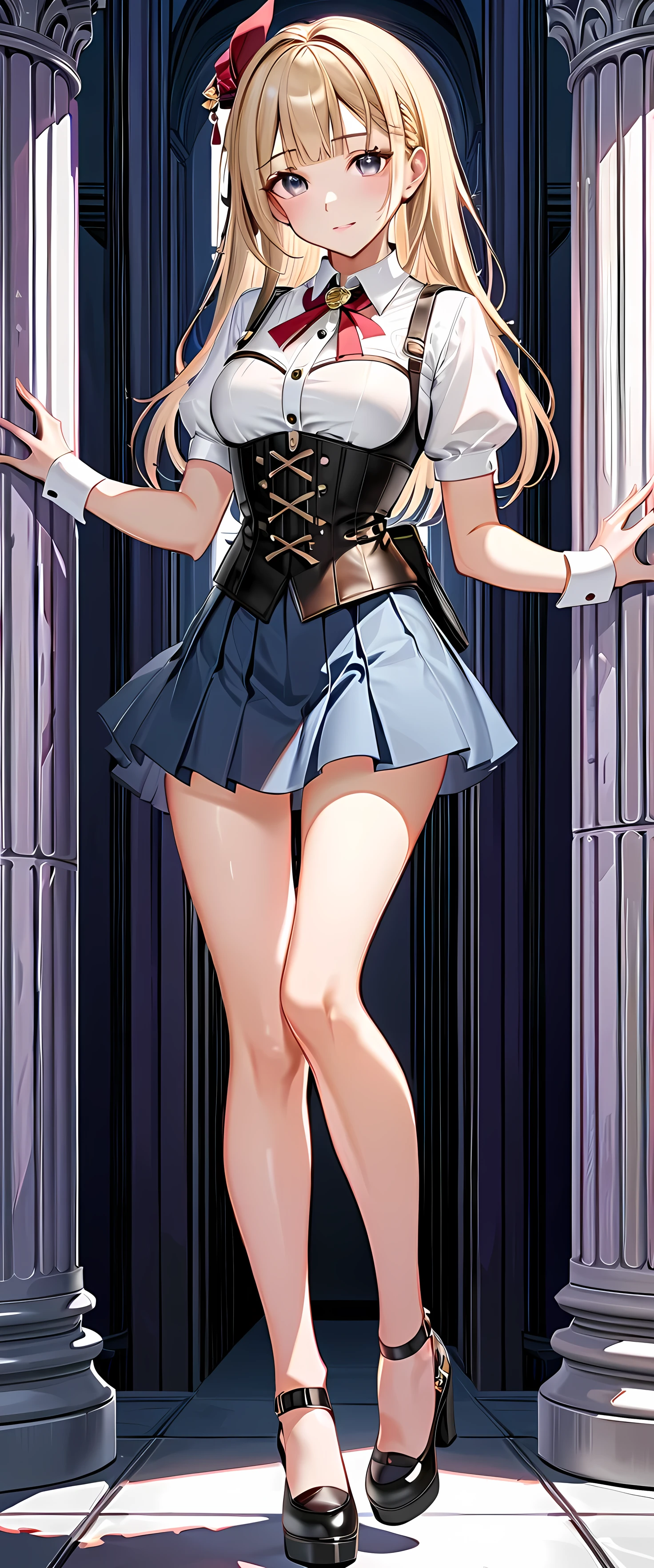 (masterpiece, high resolution, best quality,highres:1.5), CG, illustration, delicate face, cute face, shiny hair, shiny skin, kawaii, sparkling pupils, shiny enamel suit, latex, {pencil skirt | slightly flared skirt}, looking back, silver hair, BREAK black eyes, full body,