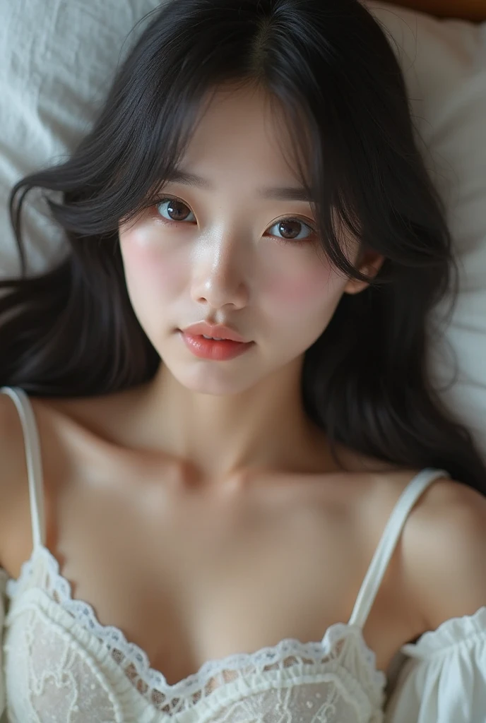 Women aged 24 and over, Pretty Kpop Girl, Korean Ulsan Face, Slender face, Pure Eros Face, Glow Eyes, cheek, Glossy lips, perfect body、Very cute face、Exposed cleavage、Grinning face、Model pose,Lying on the bed,Cover your crotch with your hands