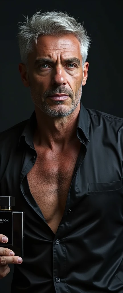 Front face view one handsome and very attractive for women over 40 years old man with gray-blue eyes and short haircut, sexy hairy chest, man is wearing biker black jacket, man is looking sexy has hairy sexy chest and smiles doomy, , professional lights, hyperrealistic photo, high details, cinematic
