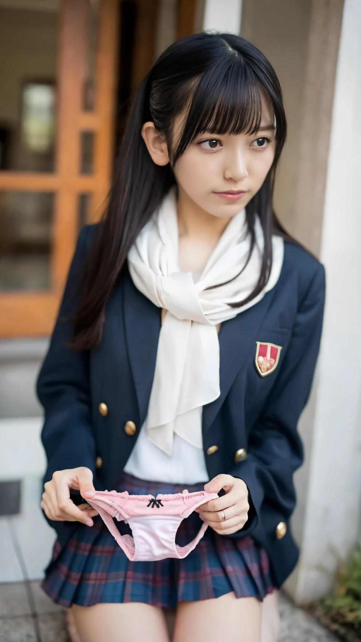 very detailed, 8K resolution RAW color photo showing a bra、Japanese high school girls、black hair, 、 black hairの日本の女子高生の非常に大きな, round, beautiful bust from side to right. she is exquisite , beautiful girl with detailed facial features , nose, lick your lips , I took off my underwear . the girl is wearing a very short plaid school uniform skirt and blazer, Sparkly Makeup is big, naturally colored lips without getting wet. viewer, she's kneeling 、squats、The scene is a classroom ., That photo is a masterpiece , very well detailed, realistic happy, Highest Quality, (Holding panties, hold out panties :1.3) simple unadorned pastel pink panties , Stay focused