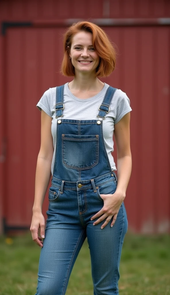 Claire Forlani dressed in sexy overalls and smiling