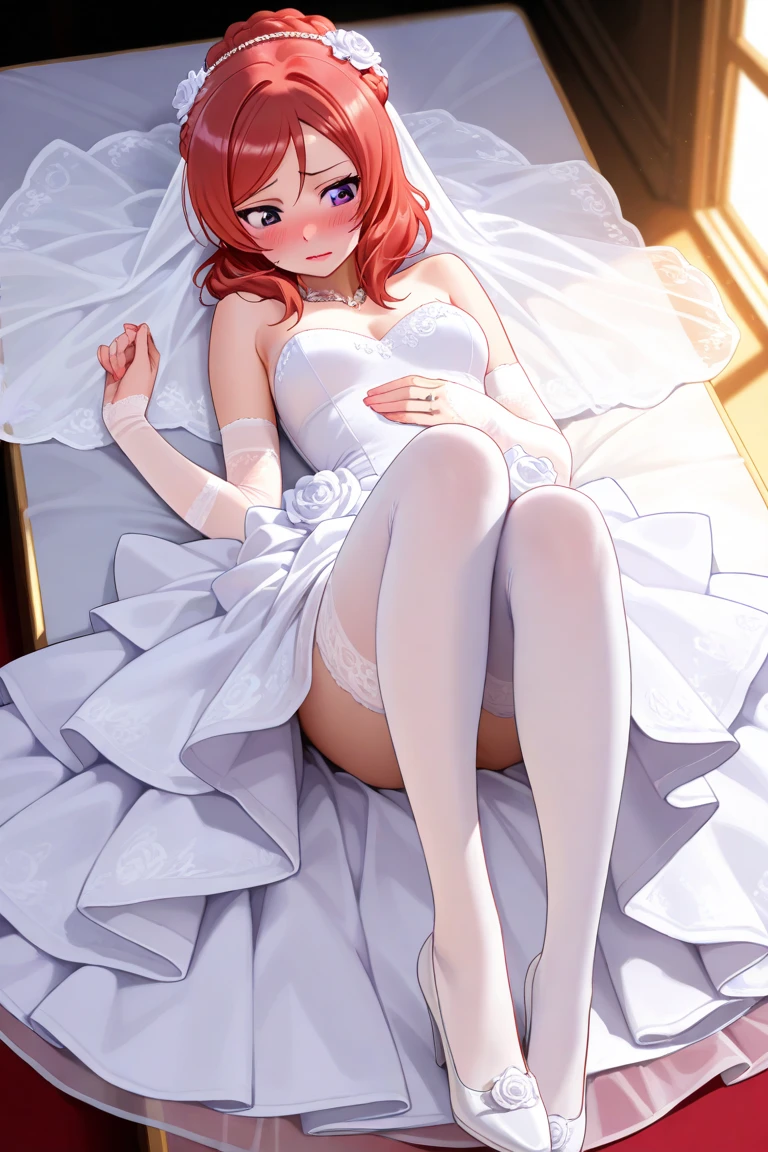 dakimakura, UHD, masterpiece, best quality, extremely detailed, sharp focus, midnight, frontal light, full body light, soft light, diffuse light, shade, no shadow, messy bed, lying on bed, 1girl, solo, Filian, ((fox tail)), cat ears, white hair, short hair, ahoge, hairclip, hair bell, big round eyes, deep purple eyes, ((dark purple eyes)), blush, closed mouth, small breast, light smile, long wedding dress, conservative wedding dress, frilly wedding gown, white lace arm sleeve, white gloves, white lace stockings, detailed finger, thick arms, thick waist, slim legs, Eye-Level Shot, full body pose, innocent pose, front view, scattered petals