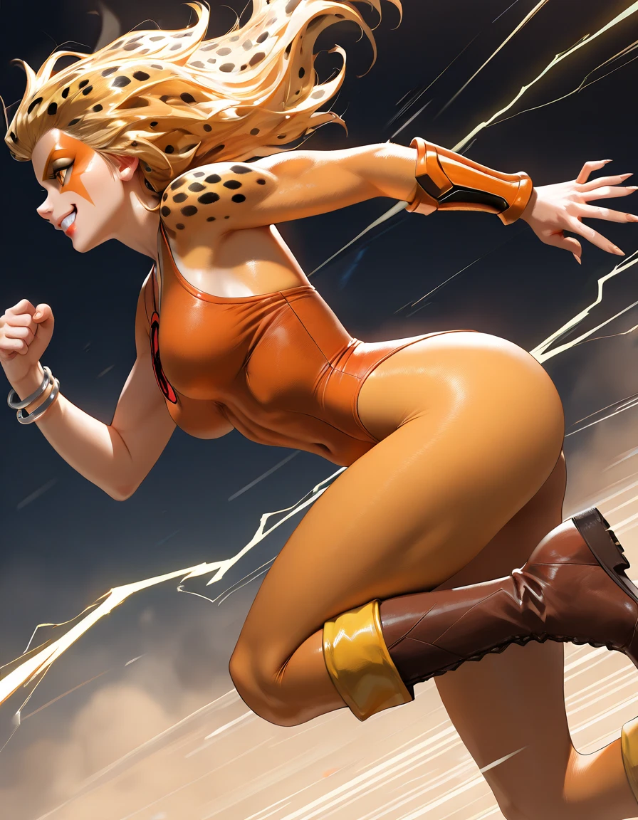 In New York, Time Square, beautiful woman, 25 years old, style, Cheetara is a fearless warrior. Athletic Body: Cheetara has a slim and athletic body, with well-defined curves. Hair of a cheetah: Full body with yellow fur and dark spots like the hair of a cheetah, she is agile and fast, reflecting her feline nature. Full body with yellow fur with dark spots with hair from a cheetah, a type of large feline. Orange Clothing: She wears a tight-fitting dark orange outfit, which covers most of her body, but leaves her arms and legs uncovered. The costume also includes a short cape. Big Blue Eyes: Cheetara has expressive blue eyes, which often reflect her intelligence and determination. Jewelry and Equipment: She wears a golden tiara on her forehead and golden earrings in her ears. Additionally, she is often seen with a staff that can transform into a nunchaku, which she uses skillfully in combat. Strong and decisive. Her fighting ability is impressive but without a doubt her greatest power lies in her unparalleled speed, superior to any motorized land vehicle. She has a stick as a weapon. Furthermore, she is powerful and was trained by Jaga, in New York, (athletic body: 1.4), (hanging breasts: 1.3), (full breasts: 1.4), (realism: 1.5), (Realisitc: 1.4), (Absurdity: 1.4 ), 8k, ultra-detailed, Detailed Beautiful Woman, (Only one: 1.4), 1girl, (Viewer facing: 1.2),