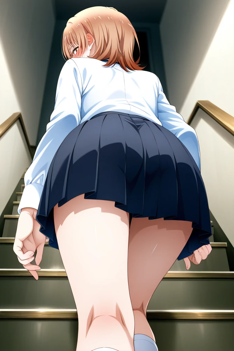 (Masterpiece:1.2), (high quality), (pixiv:1.4), (anime:1.4),(thong), blazer type, brown eyes, miniskirt, plain skirt,(medium breasts), (heart-shaped pupils),(side ponytail), (a lot of sweat), (angle from back below),(from below:1.5)