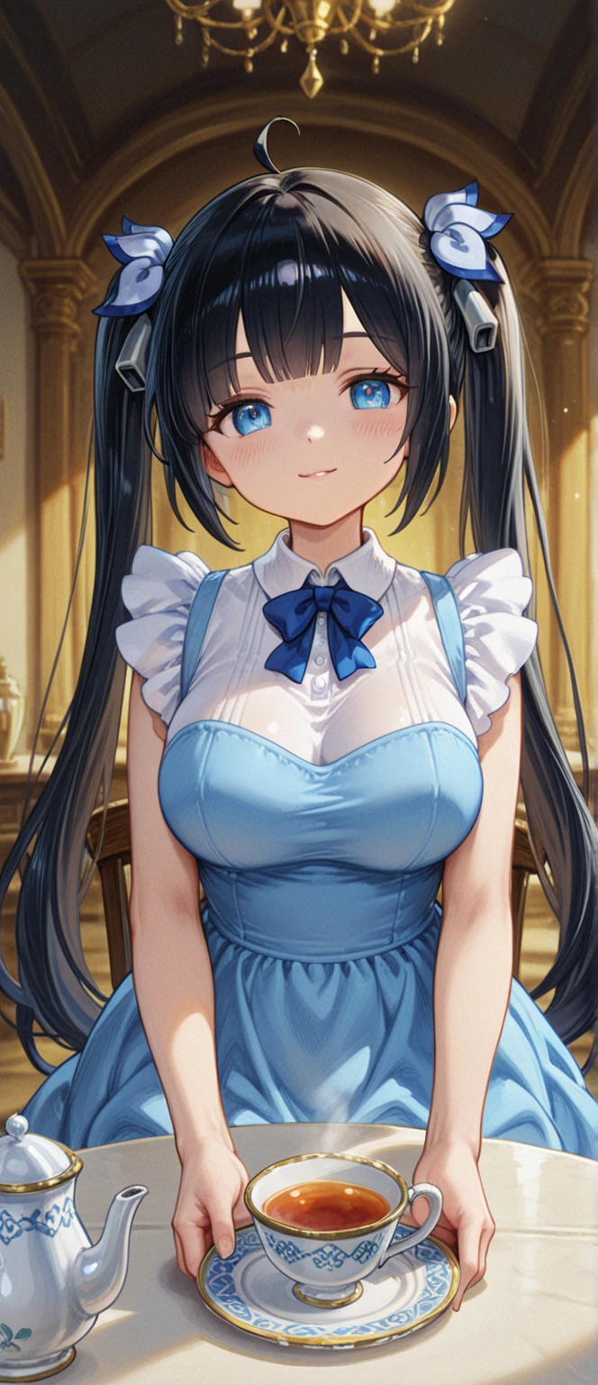 ((Tabletop, Highest quality, High resolution, Hmph, Pixel perfect, 4K, Hmph, Hmph))), One Girl, single, alone, Beauty、The whole body is visible、 ((Twin tails, bangs, Brown Hair)), ((Blue eyes, Beautiful eyelashes, Realistic eyes)), ((Detailed face, blush:1.2)), ((Smooth texture:0.75, Realistic texture:0.65, Realistic:1.1, Anime CG style)), Big Breasts, Dynamic Angle, Perfect body, ((Light blue blouse, White Skirt))Very embarrassing panic smile, Are standing。missing limb、bad hands、missing fingers、extra digit、fewer digits、Waving