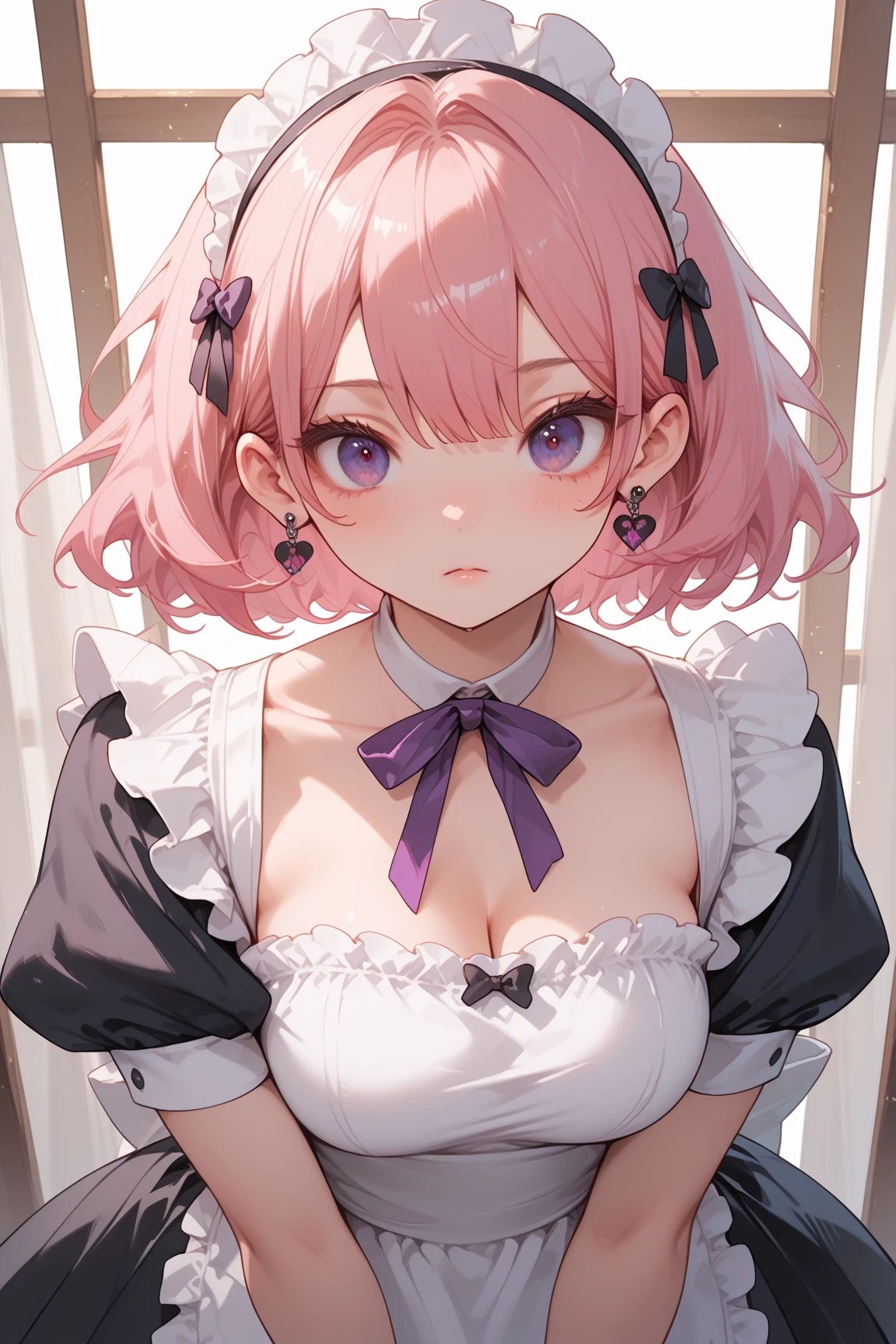 masterpiece、highest quality、Very detailed、Photograph the upper body、1 female、(Put your arms behind your back:1.2)、Are standing、Turn your body forward、View your viewers、(Old-fashioned maid outfit:1.4、Nurse cap)、blush、shy、Pink Hair、Open your mouth、Hospital corridor、Big Breasts、