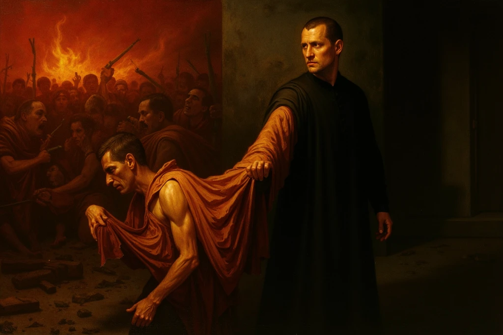 painting of athe assassination of Julius Caesar by conspirators traitors, dark atmosphere, cinematic scene, volumetric lights, ultra realistic, in the style of nicola samori