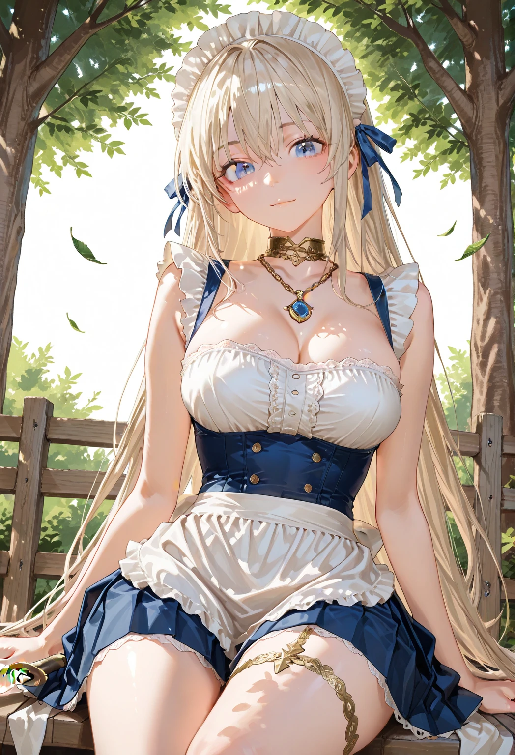 (masterpiece:1.2), (highest quality:1.2),, Curvy but slender body, perfect eyes, perfect face, perfect lighting, 1 girl, long hair, curly hair, fine clothes, detailed outdoor background, compensate, eye shadow, thick eyelashes, fantasy, sexy dress with detailed decoration、whole body,alice in wonderland、blue sky、Bright and beautiful face、young shiny glossy white shiny skin、the best beauty、the most beautiful bright blonde hair in the world、thin hair、super long straight hair、Shining beautiful bangs、Shining crystal clear big blue eyes、Very beautiful lovely 17 year old most beautiful girl in the world、big and full breasts、nipple、a sexually excited look、spread your legs wide、((she shows no panties、spread pussy、love juice、lift the skirt、I'm seducing you))