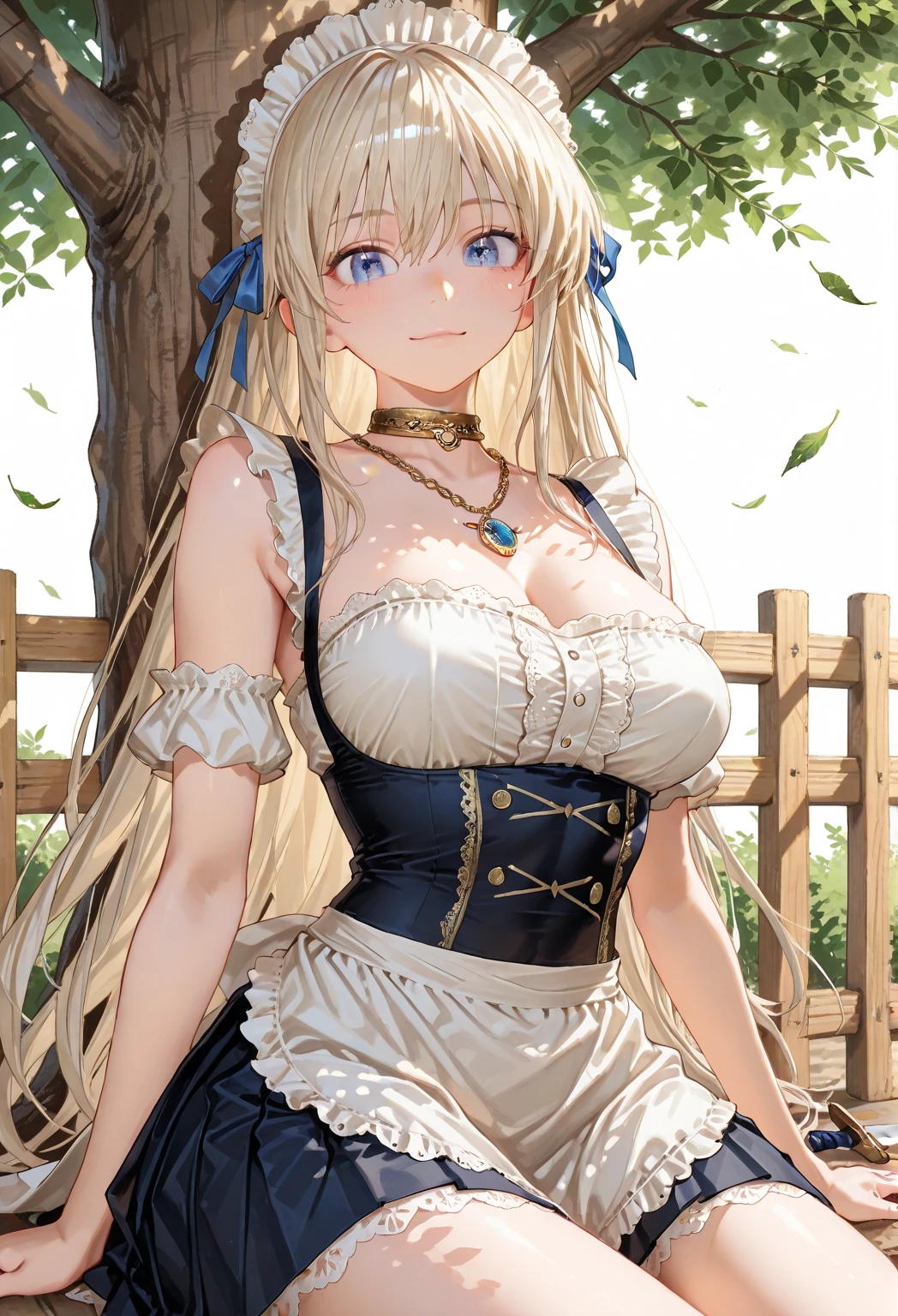 One Woman、beautiful girl、maid、20-year-old、Blonde、Very Long Hair、Western-style building、maidの、頭にmaidカチューシャ、Short skirt、Black Pantyhose、Ultra-definition image quality、Highest quality, smile,Big Breasts、Very large breasts、Sit on a chair、Crossing your legs、Crossing your legsポーズ、Poses that accentuate the chest、to laugh loudly