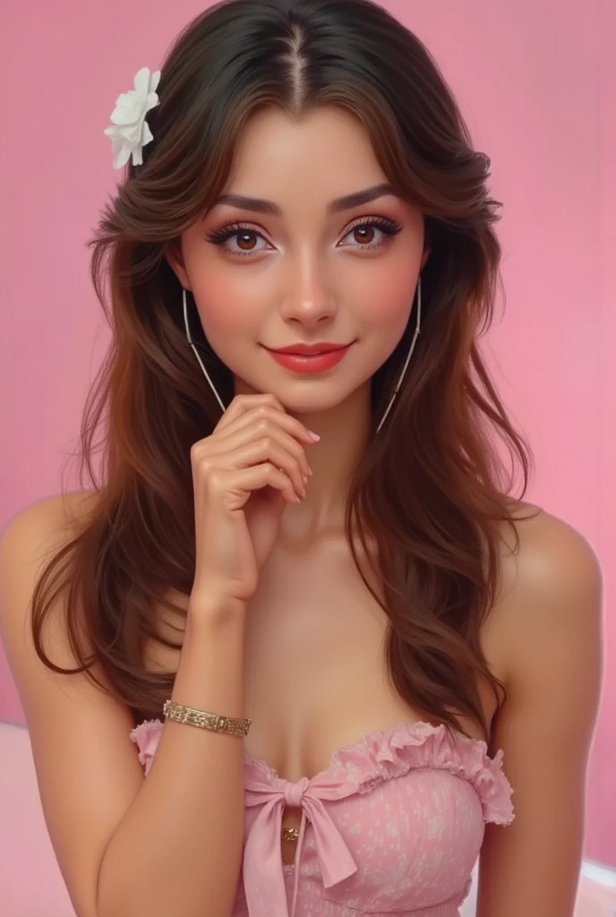 A kind and lovely beautiful young woman, with delicate features and Latina in her 25s,de pele morena clara, com olhos amendoados na cor preto, com maquiagem leve, reddish fleshy lips, rosto oval e bochechas coradas, cabelos ondulados com luzes mel e raiz preta, na altura dos ombros. Wearing a floral flared dress with shades of pink and white heels. Sentada num lindo parque sorrindo com uma mini coelha do tipo lion head em tons de branco e preto no colo.