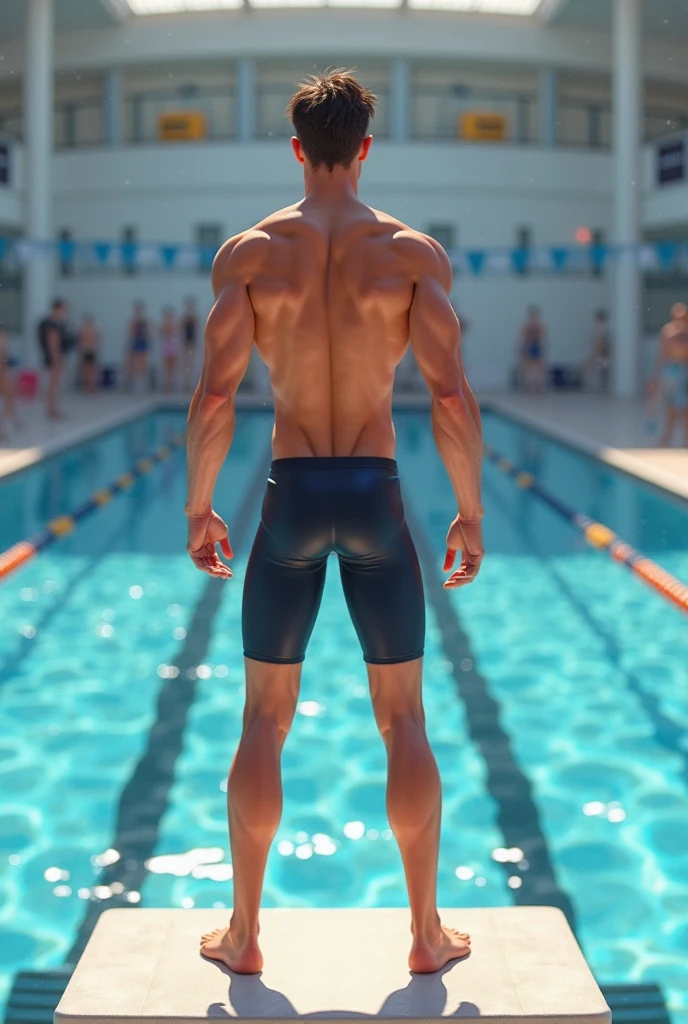 diver, muscular legs perfect feet, toned tanned slim body, very defined shoulders, round buttocks, Italian, Oval face, splattered nose, thin lips, straight nose, olive green eyes, menton corazon, very high, jump from the diving board into the pool at the Olympics