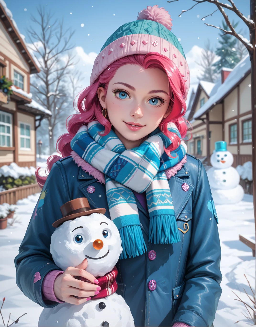 (best quality,4k,highres,masterpiece:1.2),ultra-detailed,realistic:1.37, HDR, vivid colors,studio lighting, sharp focus,extreme detail description,full body, professional, portraits, landscape, photography, winter, snow, making snowwoman, pink curly hair, blue eyes, red cheeks, winter coat, hat , large tits , large cleavage ,mittens ,looking up at the night sky